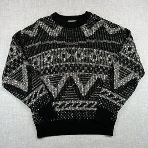 Vintage 90s Palermo Knit Sweater Men XL Black Gray Geometric Acrylic Dad Korea